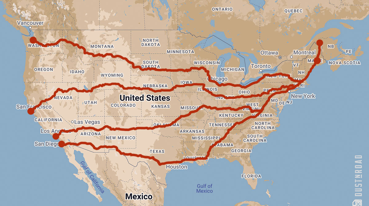 a map with different itineraries to drive across the us on a motorcycle