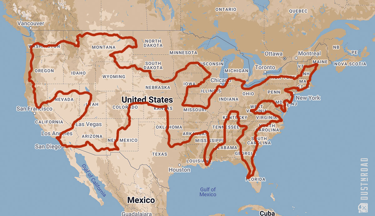 a map with an itinerary to drive through all US states on a motorcycle