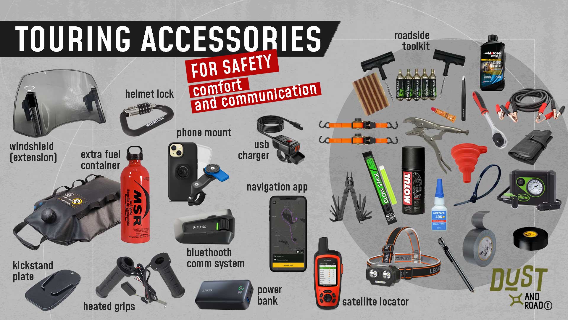 Motorcycle touring accessories for safety, comfort and communication