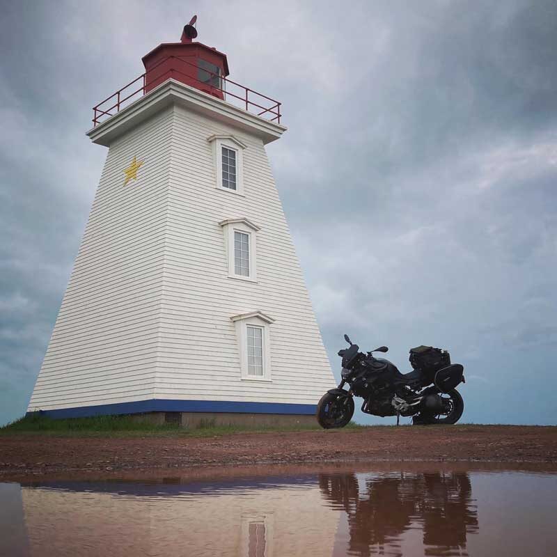 Solo motorcycle traveler on Prince Edward Island, Canada